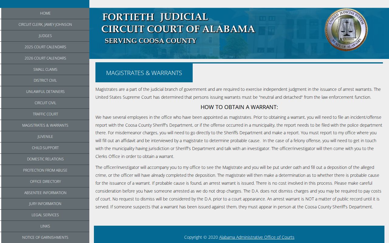 Coosa County warrant records fallback on the magistrates and warrants page
